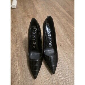 Calvin Klein Black Croc-Embossed Leather Pointed Toe Stiletto Pumps Size 8.5